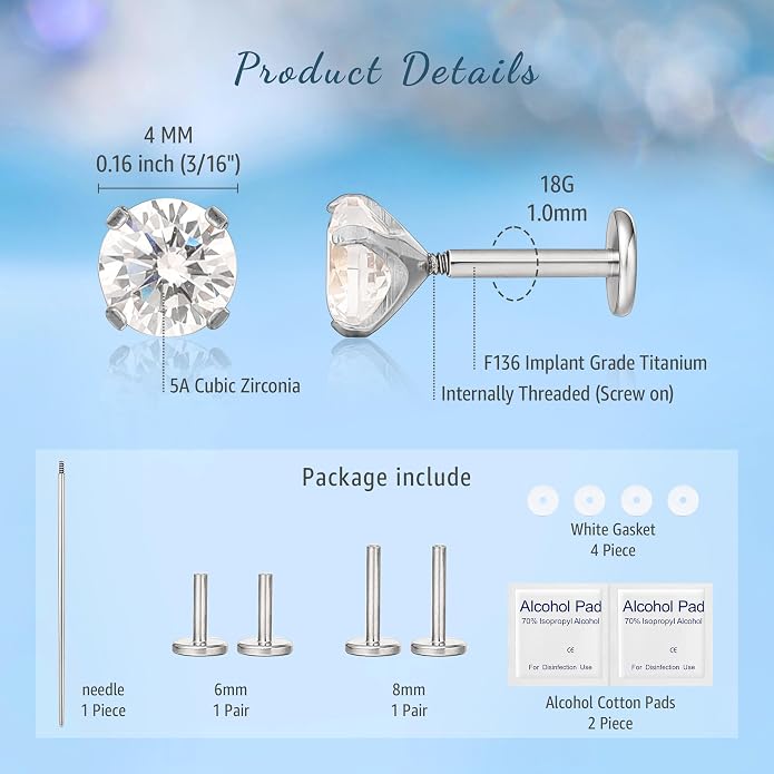 Limerencia 2Pcs 18g Titanium Internally Threaded Tragus Piercing Jewelry Nose Studs Flat Back Earrings Labret, Lip, Helix, Cartilage, Conch, Medusa Piercing for Women Men Sensitive Ears