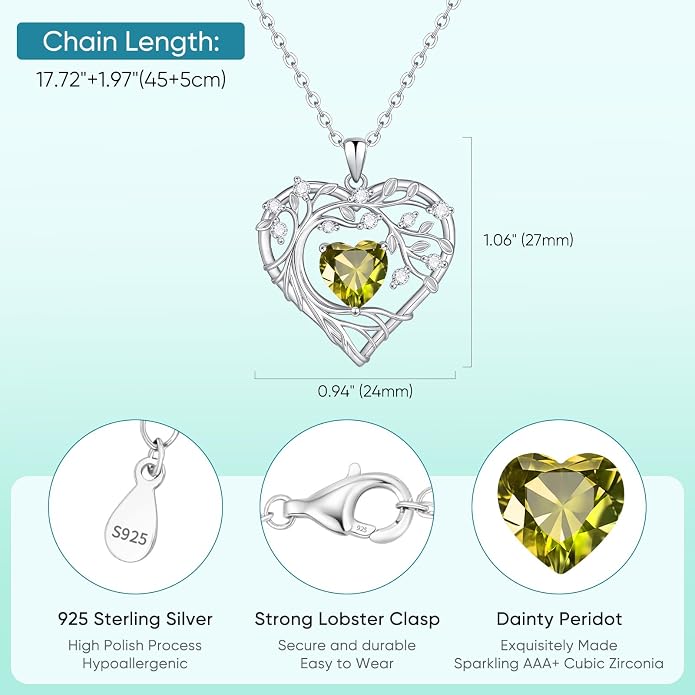 Tree of Life Birthstone Pendant Necklace - 925 Sterling Silver Heart Cubic Zirconia Diamond Women Pendant Necklaces for Her Daughter Girlfriend Birthday Gift Ideas for Wife Mom for Valentines Day
