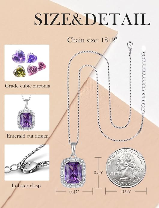Princess Cut Necklaces for Women, 925 Sterling Silver Emerald Cut Birthstone Pendant Necklace Halo Square Rectangle Jewelry Gifts for Her