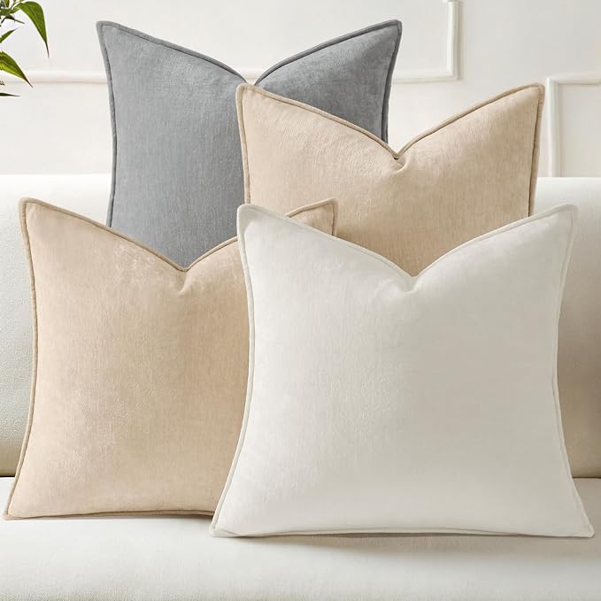 decorUhome Set of 4 Chenille Throw Pillow Covers 18x18(Beige/Cream) | Couch Decorative Soft Neutral Pillow Covers with Elegant Design for Living Room Bed Sofa