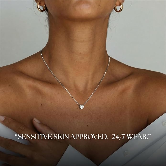 Galis Dainty Necklace - Silver, Gold Plated 18" Choker for Women with Dainty Small Round Faux Diamond Necklace Pendant, Necklaces Women with CZ Solitaire Lobster Clasp, Minimalist Gift