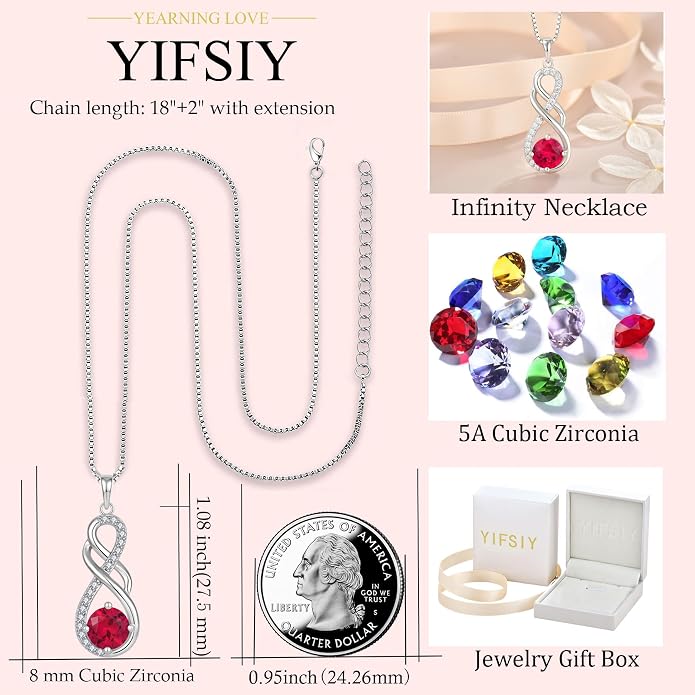 Gemstone Infinity Pendant Necklaces for Women, S925 Sterling Silver Round cut Zircon Necklace Birthstone Jewelry Gift for Her
