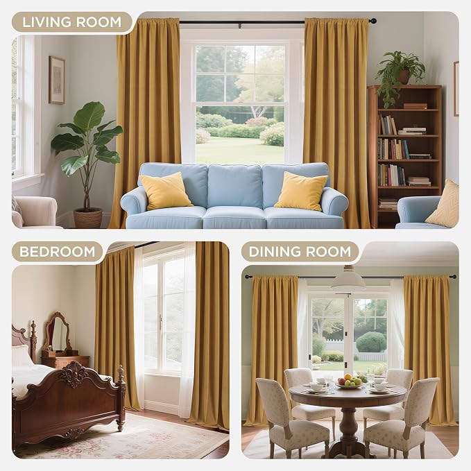 Joydeco 100% Blackout Velvet Curtains Mustard Yellow 90 Inch Grommet Top | Luxury Thermal Insulated Velvet Curtains for Bedroom Living Room, Soundproof Blackout Window Drapes