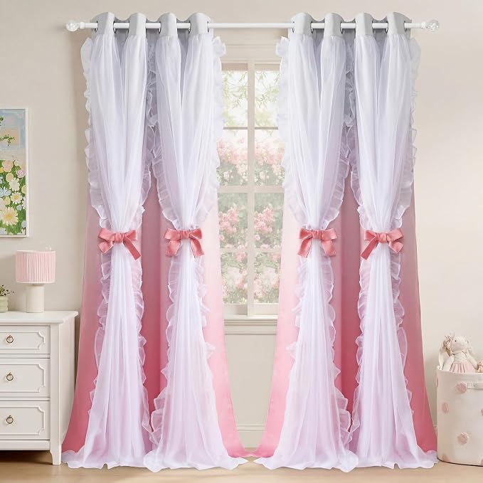 PONY DANCE Ruffle Curtains Double Layers Sheer Overlay Shabby Chic Decoration for Bedroom/Nusery, Gradient Window Covering with Tiebacks, 52" Wide x 84" Long, Ombre-Pink, 2 Panels