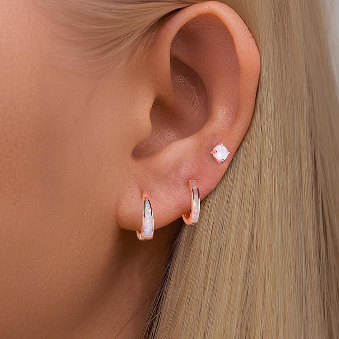 CiNily Opal Earrings Set for Women Hypoallergenic, Opal Stud Huggie Hoop Earrings Silver/Rose Gold Plated Dainty Hoop Huggie Silver Dangle Earring Stacks, Gold Jewelry