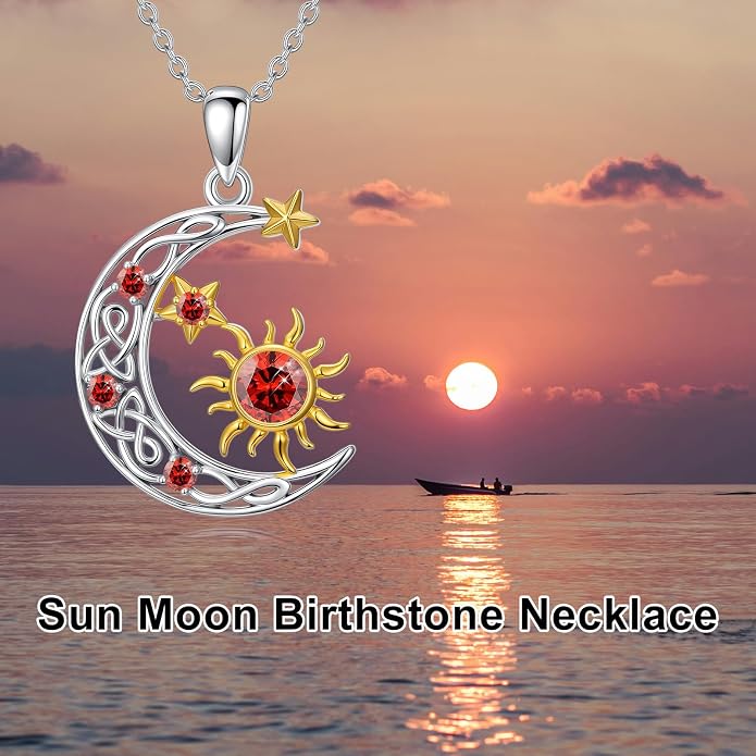 PELOVNY Sun and Moon Necklace for Women 925 Sterling Silver Sun Moon Star Birthstone Pendant Necklaces Birthday Christmas Jewelry Gifts for Mom Daughter Wife Sister