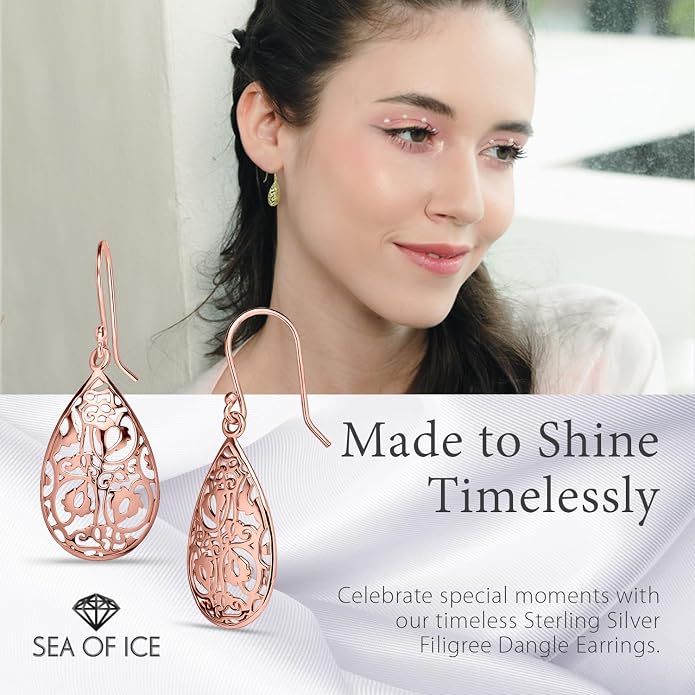 Sterling Silver Tear Drop Dangle Filigree Earrings for Women – boho and Chic Pear Shape Hook Earrings with Thin and Lightweight Hook