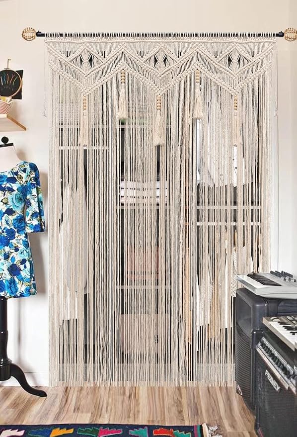 Boho Curtains for Bedroom Macrame for Windows Living Room Boho Decor Large Macrame Wall Hanging Beaded Curtain for Doorway Closet Curtains Wedding Backdrop, 1 Panel 52''W x 72''L