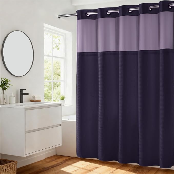 River Dream Heavyweight No Hooks Required Dotted Waffle Weave Shower Curtain with Snap in Liner - 71W x 74H,Hotel Grade,Spa Like Bath Curtain,Regal Purple