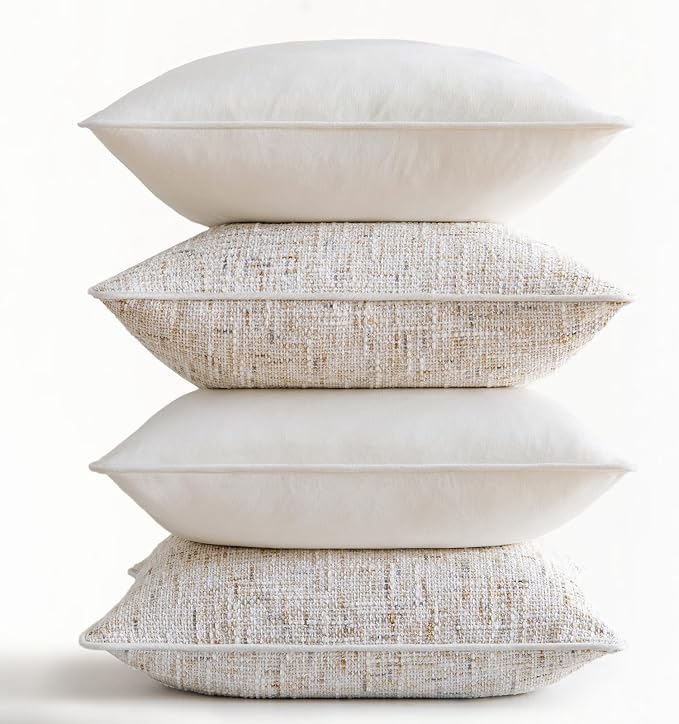 a moment Beige 4 Pack Throw Pillow Covers - Chenille & Velvet Set with Piping, Farmhouse Textured Design Pillow Cases for Couch Sofa Bed Livingroom (16x16 Inch, No Insert)