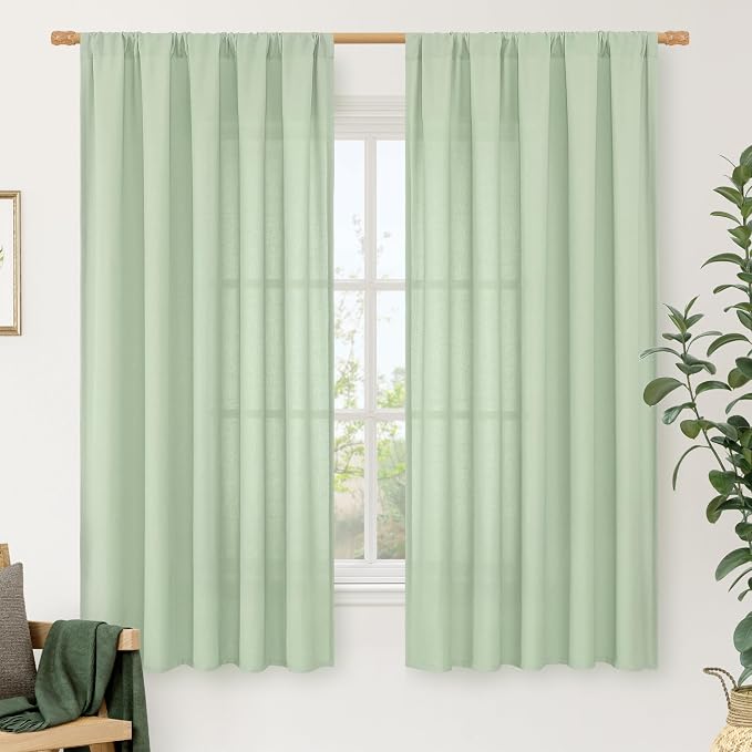 LAMIT Light Green Linen Window Curtains 63 Inch Length, Light Filtering Neutral Privacy Curtain Panels Farmhouse Rod Pocket Living Room Drapes for Bedroom, 2 Panels, 52 x 63 Inch