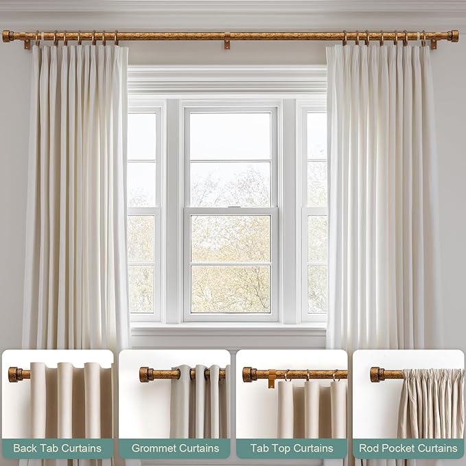 Lootkell 2 Pack Retro Gold Curtain Rods Set for Windows 28 to 48 Adjustable Length Heavy Duty 1" Diameter Window Curtain Rod with Decorative Finials for Outdoor Bedroom Kitchen Living Room Farmhouse