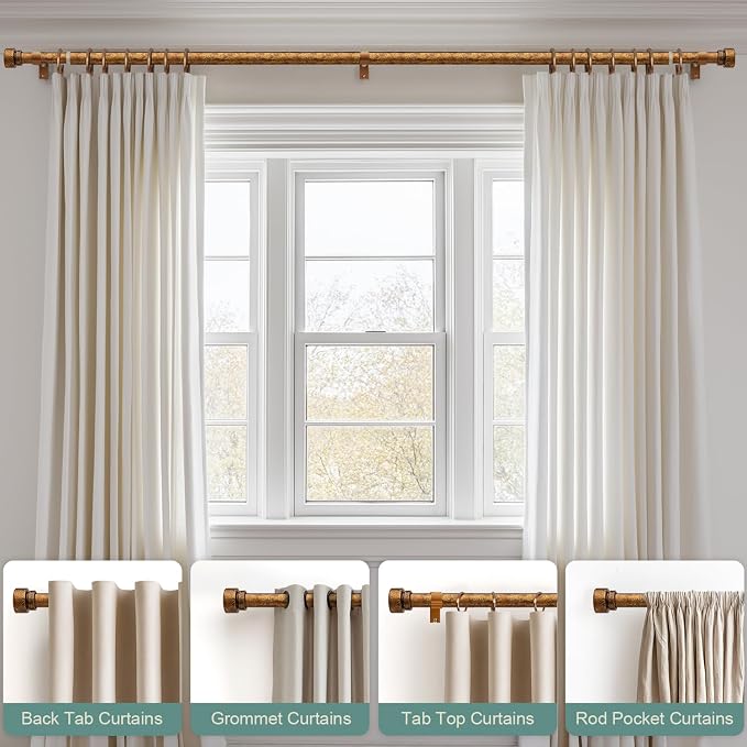 Lootkell 2 Pack Retro Gold Curtain Rods Set for Windows 66 to 120 Adjustable Length Heavy Duty 1" Diameter Window Curtain Rod with Decorative Finials for Outdoor Bedroom Kitchen Living Room Farmhouse