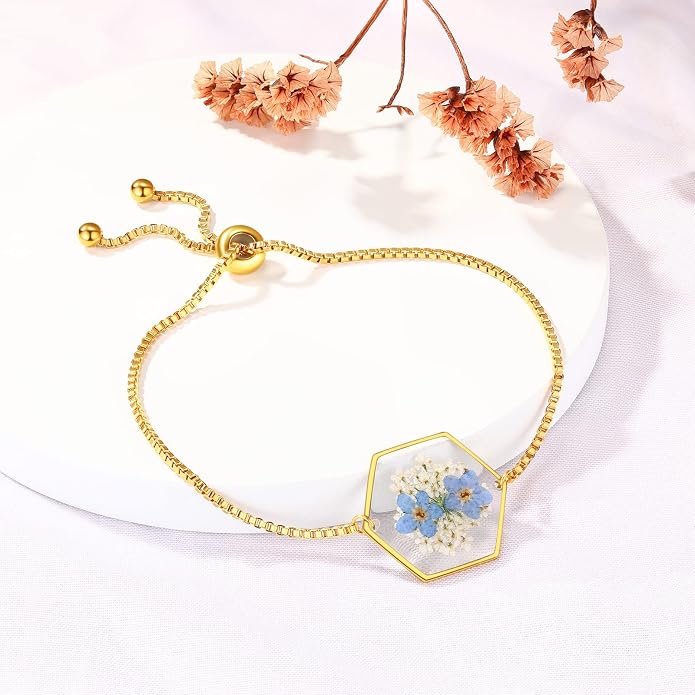 AUNTESIGN Forget-Me-Not Pressed Wildflower Bracelet | Pressed Flower Bracelet | Gold/Silver Pressed Flower Jewelry | Personalized Handmade Jewelry | Gift For Women