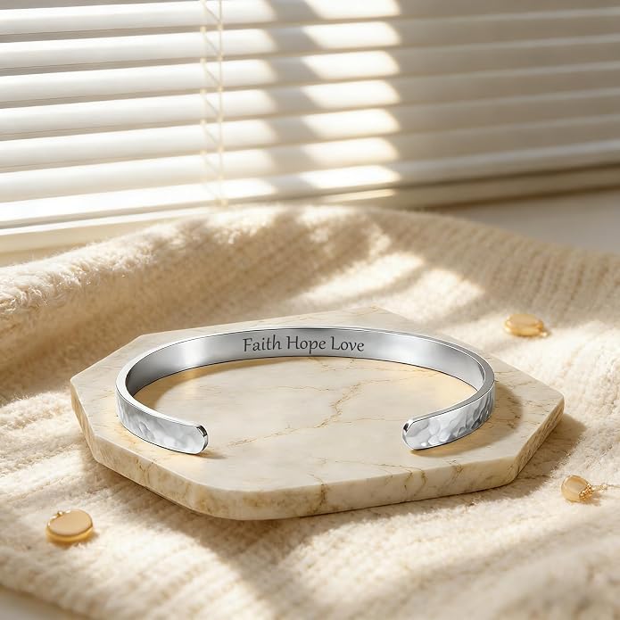 Inspirational Bible Verse Cuff Bracelet for Women, 18K Gold Plated Hammered Bangle, Christian Faith Jewelry Gift, Adjustable Non Tarnish