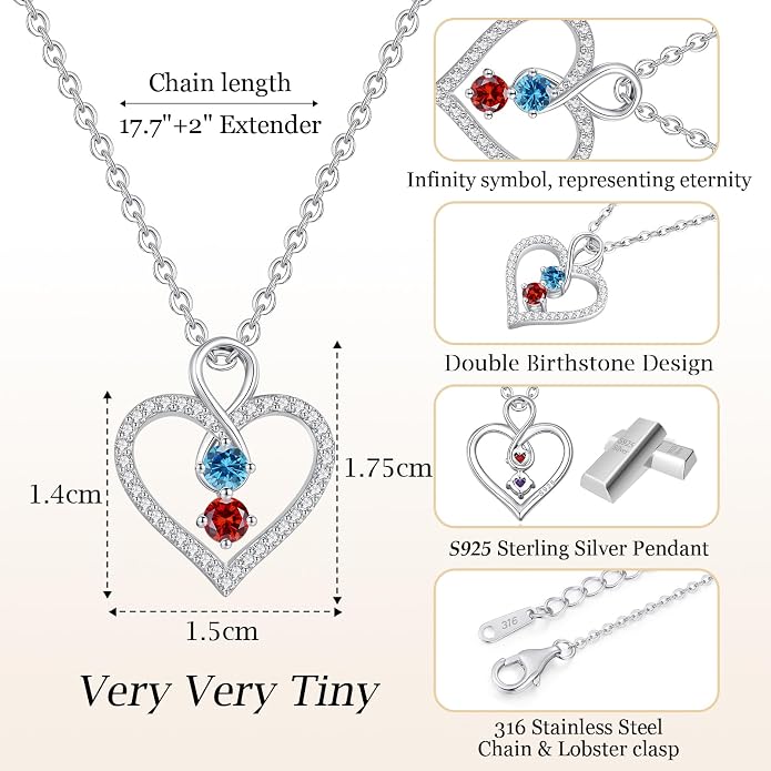 LOUISA SECRET Double Birthstone Necklaces for Women, 925 Sterling Silver Infinity Love Heart Pendant Necklace for Her, Birthday Anniversary Valentine's Day, Christmas, Wedding, Graduation Gift for Her, Personalized Gifts, Jewelry Gifts for Wife Mom Gir...