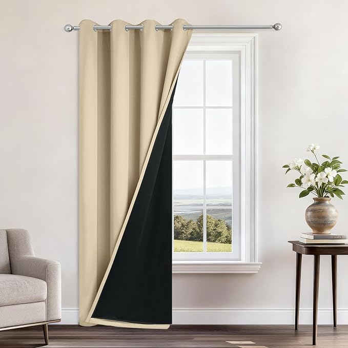 Yakamok Beige Blackout Curtains 96 Inches Long for Bedroom 52" Wide 1 Panel | Blackout Curtain Panels for Bedroom, 2 Thick Layers Grommet Top Thermal Insulated Drapes with Black Liner for Living Room