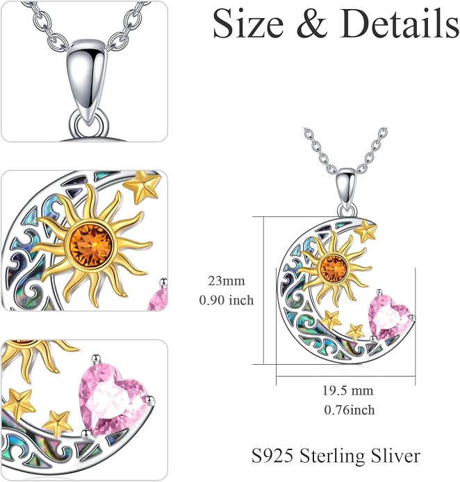 AOBOCO 925 Sterling Silver Sun and Moon Star Pendant Necklace with Simulated Birthstone, Birthday Christmas Jewelry Gift for Women Teen Girls