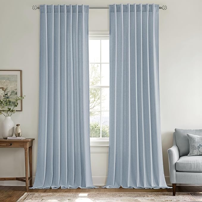 MIULEE Non-See-Through Privacy Linen Curtains 52W x 90L Inch Blue | 2 Panels, Light Filtering, Semi Sheer Window Curtains, Farmhouse Textured, Back Tab Drapes for Bedroom Living Room
