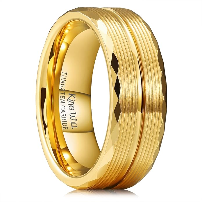 King Will Men's 8mm Tungsten Carbide Wedding Band, Hammered Faceted Diamond Cut Ring with Groove Inlay, Geometric Industrial Engagement Band for Men Women Comfort Fit Size 7-14