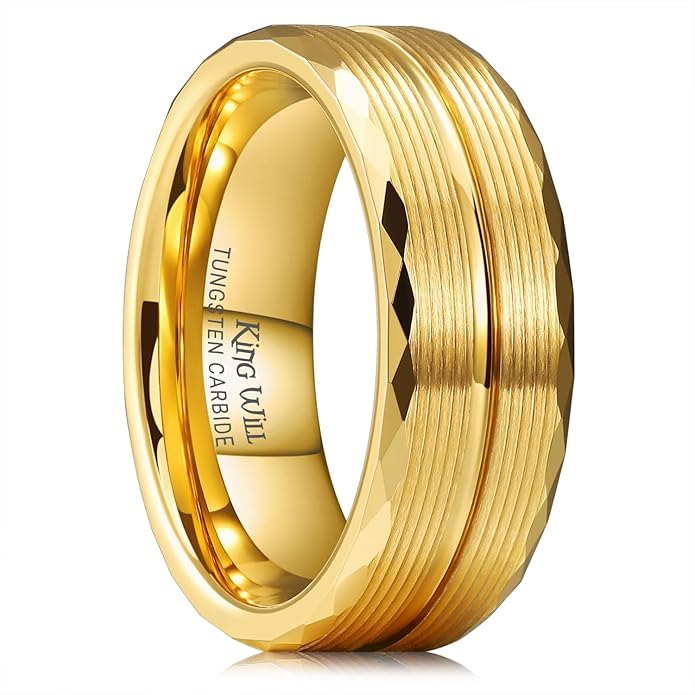 King Will Men's 8mm Tungsten Carbide Wedding Band, Hammered Faceted Diamond Cut Ring with Groove Inlay, Geometric Industrial Engagement Band for Men Women Comfort Fit Size 7-14