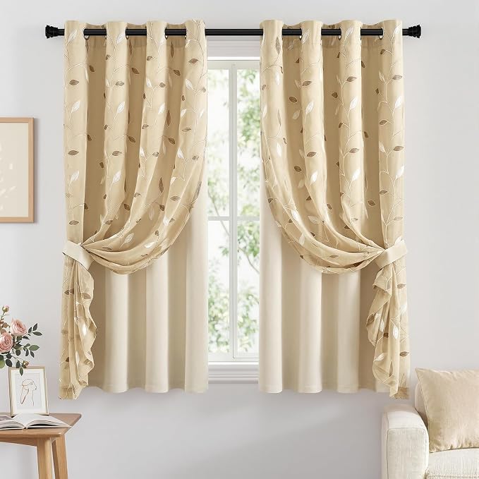 MIULEE Beige Double Layer Curtains 63 Inches Long, Leaf Patterned Sheer Floral Drapes and Blackout Room Darkening Window Curtains for Living Room Bedroom, Grommets Top, 52" W x 63" L, 2 Panels