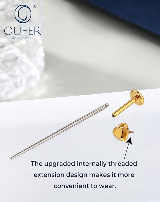 OUFER 18G 6/7/8MM Flat Back Cartilage EarRings-3PCS Gold Titanium Extended Internally Threaded Lip Piercing 2/3/4MM Round Clear CZ Helix Piercing Jewelry