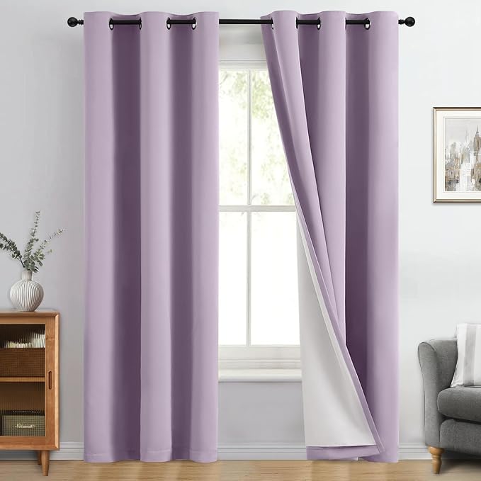 Yakamok Lilac 100% Blackout Curtains 84 Inches Long for Bedroom 40" Wide | Blackout Curtain Panels for Bedroom, 2 Thick Layers Grommet Top Thermal Insulated Drapes with White Back for Living Room