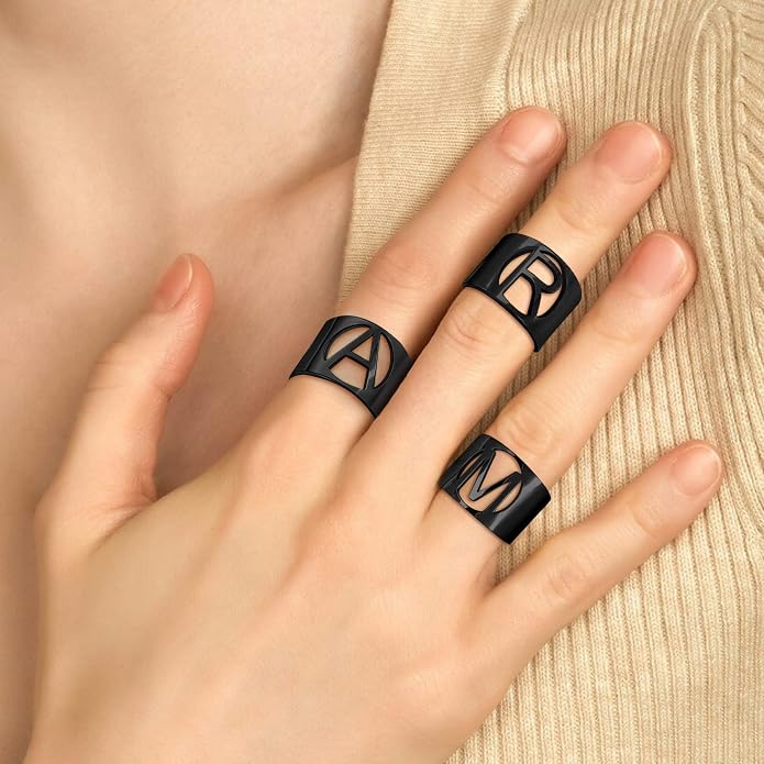 KeyStyle Bold Initial Letter Rings Adjustable, GoldChic Jewelry Women Gold Statement Ring Personalized Engraved Women’s Open Signet Ring for Party (Gold, White Gold, Black)
