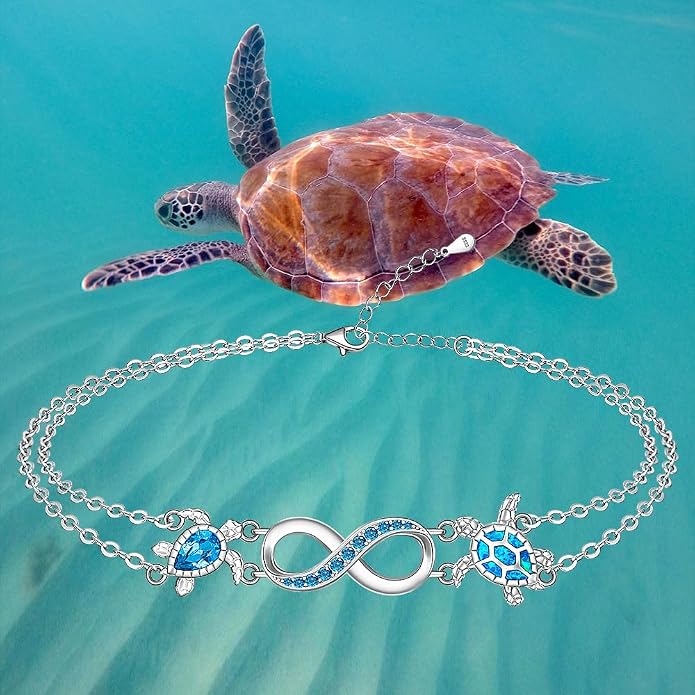 Fenthring Turtle Anklets for Women Turtle Ankle Bracelet Blue Opal Sea Sterling Silver Infinity Wave Ocean Beach Summer Jewelry Mothers Day