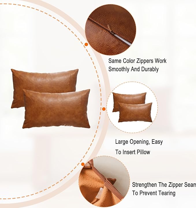 12X20 Inch Brown Faux Leather Throw Pillow Covers Set of 2 Modern Farmhouse Solid Outdoor Lumbar Boho Cognac Pillow Covers for Room Couch Living Bedroom Bed Sofa Decorative