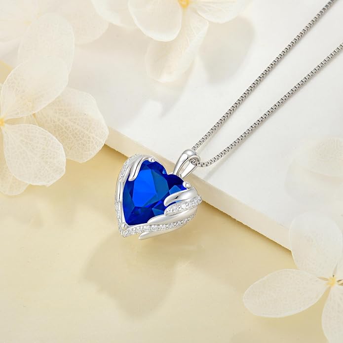 Angel Wings Necklace for Women 925 Sterling Silver Cubic Zirconia Love Heart Birthstone Pendant Necklaces