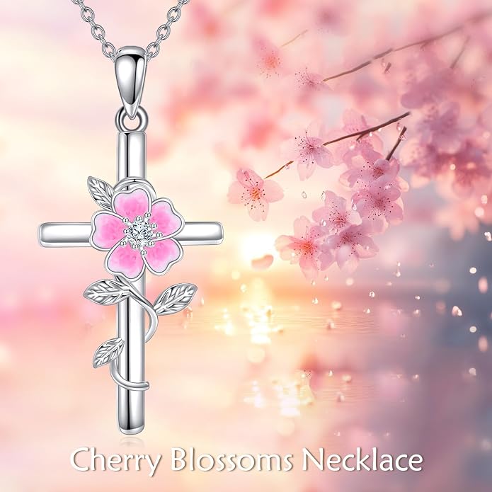 Flower Cross Necklace 925 Sterling Silver Carnation/Rose/Lily/Daisy Cross Necklace Birth Flower Jewelry for Women