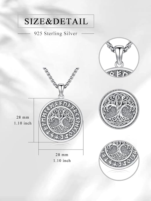 Viking Necklace for Men 925 Sterling Silver Viking Wolf/Thors Hammer/Vegvisir/Tree of Life/Compass Pendant Norse Necklace Amulet Talisman Christmas Gifts for Him Her