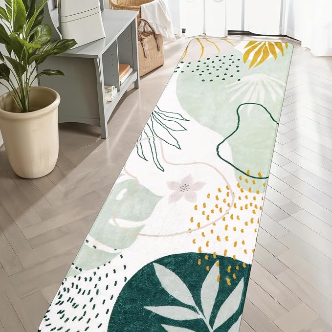 Lahome Green Hallway Runner - 2x7 Washable Non-Slip Runner Rug Throw Lightweight Soft Bathroom Runner Rug, Boho Botanical Print Indoor Carpet Runner for Bedroom Kitchen Entrance Laundry Living Room