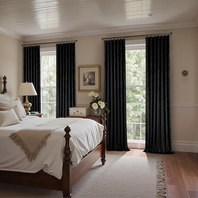 Black Out Velvet Room Darkening Curtains 63 Inch Length for Living Dining 2 Panels Heavy Privacy Energy Smart Insulating Summer Heat Winter Curtain for Kitchen Door Doorway Master Bedroom Guest Office