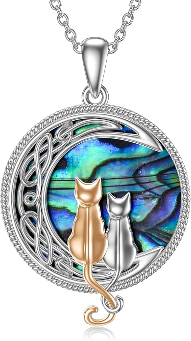 TOUPOP Cat Necklace Sterling Silver Abalone Shell Celtic Cat on the Moon with Abalone Shell Birthday Christmas Jewelry Gifts for Women
