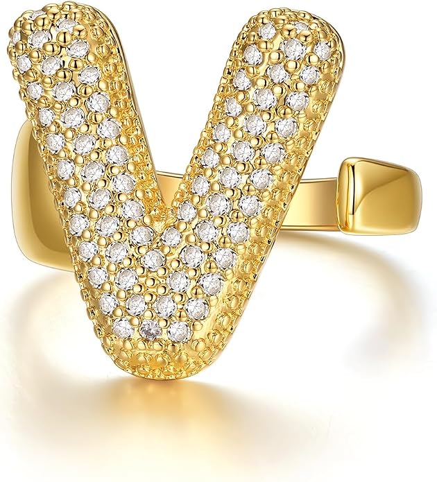 KeyStyle Bold Initial Letter Rings Adjustable, GoldChic Jewelry Women Gold Statement Ring Personalized Engraved Women’s Open Signet Ring for Party (Gold, White Gold, Black)