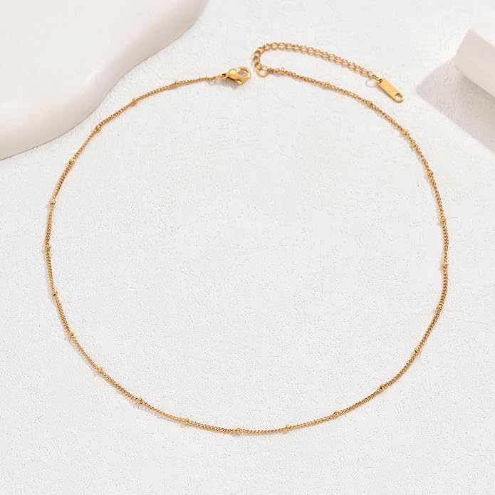 Gold Chain Necklace for Women Dainty Simple Satellite Beaded Twisted Chain Choker Necklace Everyday Jewelry Christmas Gifts