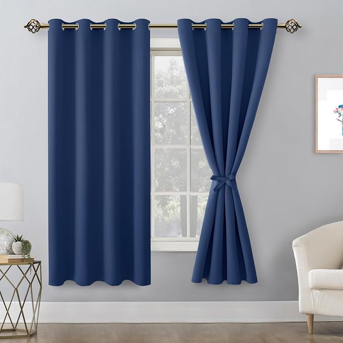 Hiasan Blackout Curtains for Bedroom, 52 x 63 Inches Length - Thermal Insulated & Energy Saving Window Curtains for Living Room, 2 Drape Panels Sewn with Tiebacks, Navy