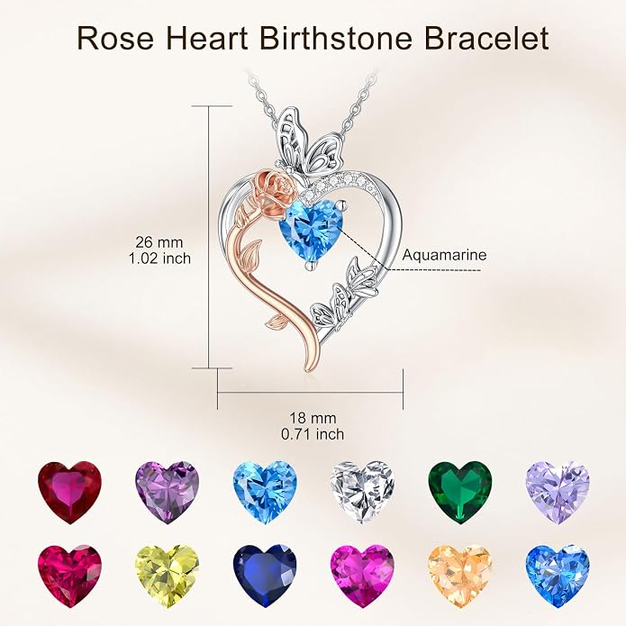 TOUPOP Rose Heart Birthstone Necklace 925 Sterling Silver Heart Butterfly Pendant Love Jewelry Birthday Gifts for Women Wife Mom Her