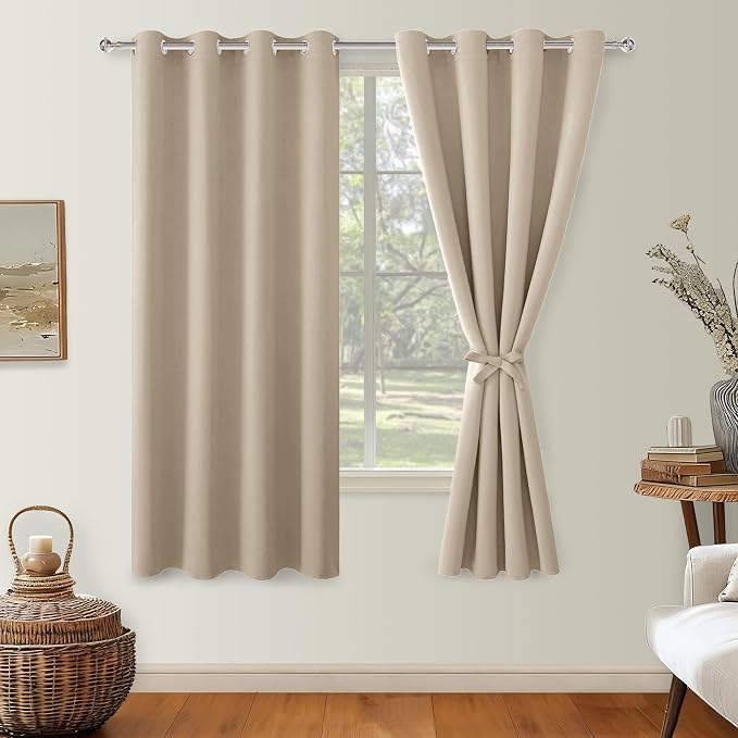 Hiasan Blackout Curtains for Bedroom, 52 x 63 Inches Length - Thermal Insulated & Light Blocking Window Curtains for Living Room, 2 Drape Panels Sewn with Tiebacks, Taupe