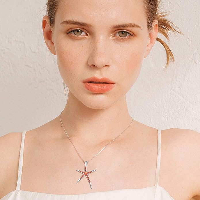 Cuoka Starfish Necklace, 925 Sterling Silver with Opal, Hawaiian Beach Nautical Ocean Pendant, Starfish Jewelry Opal Jewelry Valentine for Women Girlfriend