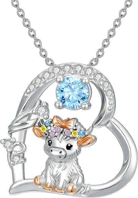 Highland Cow Gifts for Women 925 Sterling Silver Highland Cow Birthstone Necklace Fluffy Cow Jewelry Gifts Birthday Christmas