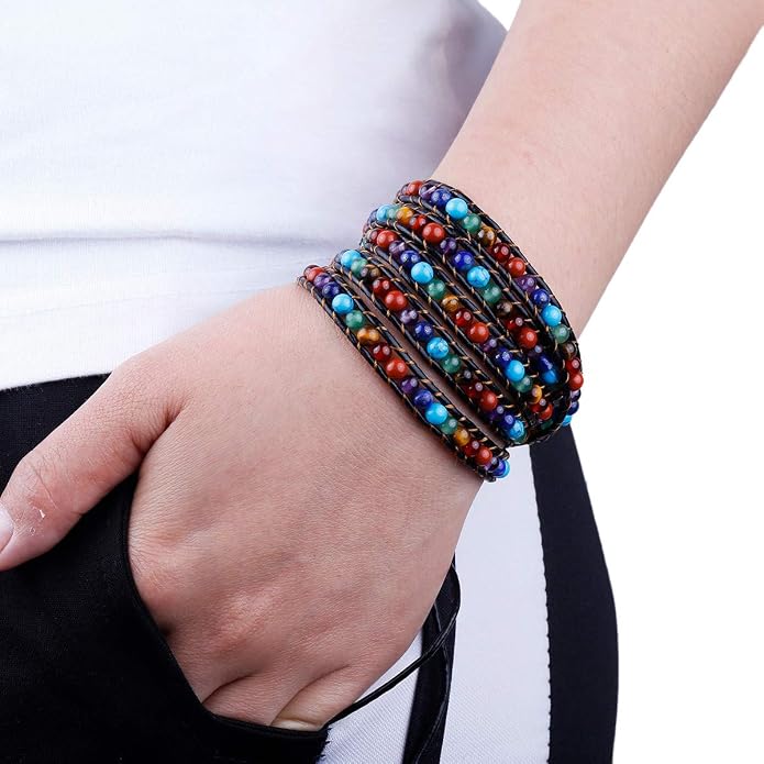 Nupuyai Handmade Leather Beaded Stone Wraps Bracelet Collection for Unisex