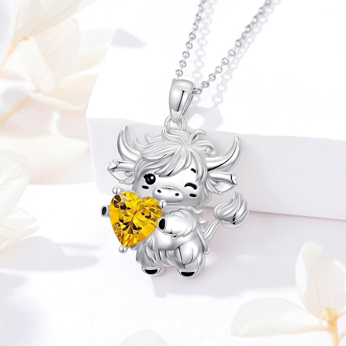 PELOVNY Teddy Bear Necklace for Women 925 Sterling Silver Bear/Highland Cow/Fox/Cat/Axolotl Birthstone Necklace Christmas Birthday Jewelry Gifts for Mom Daughter Wife Sister