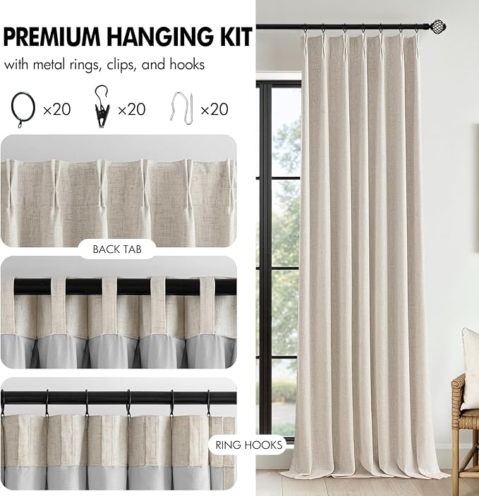 MIULEE Beige Pinch Pleated 100% Blackout Linen Curtains for Bedroom, Room Darkening Memory Trained Light Blocking Window Curtains 84 inches Long for Living Room, Black Out Pleat Drapes, 2 Panels