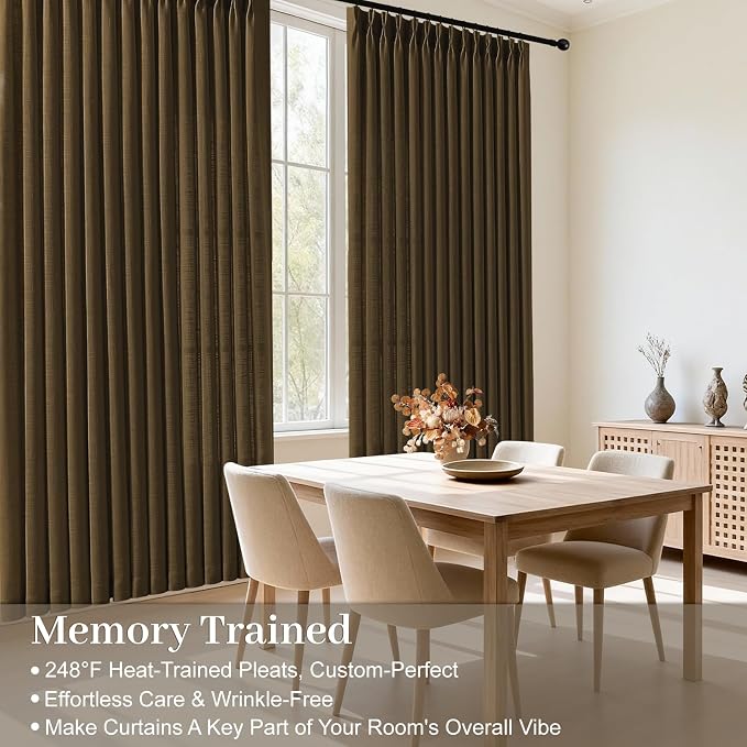 Living Room Pleated Curtains 96 Inches Long, Pinch Pleated Semi Sheer Curtain Rustic Textured Light Filtering Memory Trained Drapes with Hooks Rings for Bedroom, Dark Chocolate, W40xL96, 2 Panel