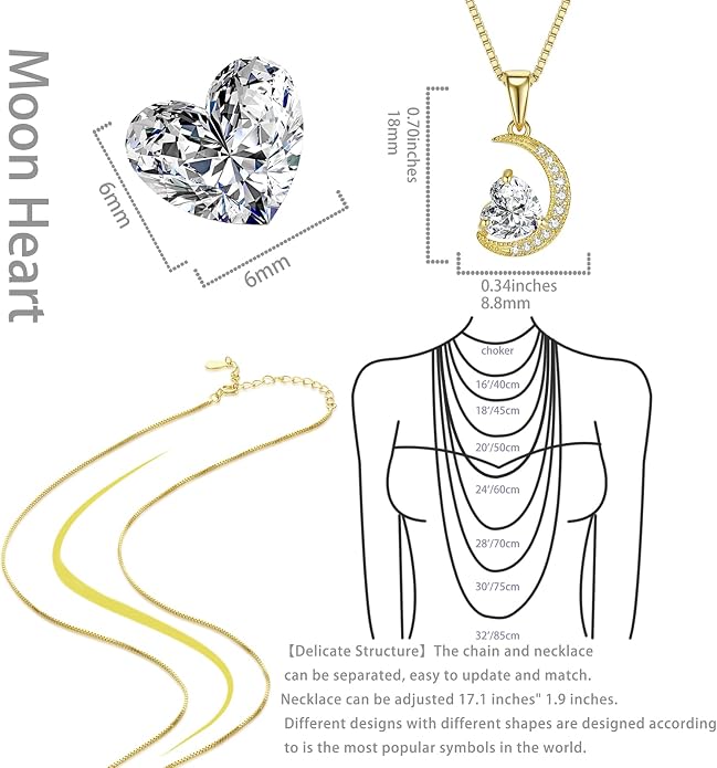 new spring White Gold Moon Pendant Sterling Silver Heart Shaped Moon Pendant Necklace for Women Jewelry Gifts for Mother's Day,Birthday and Anniversary Festivals