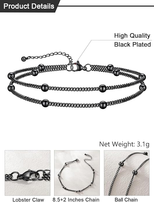 U7 Silver/Gold Ankle Bracelets for Women Layered Chain Anklets Stainless Steel Waterproof Summer Beach Anklet Cham, Adjustable 8.5"-10.5"